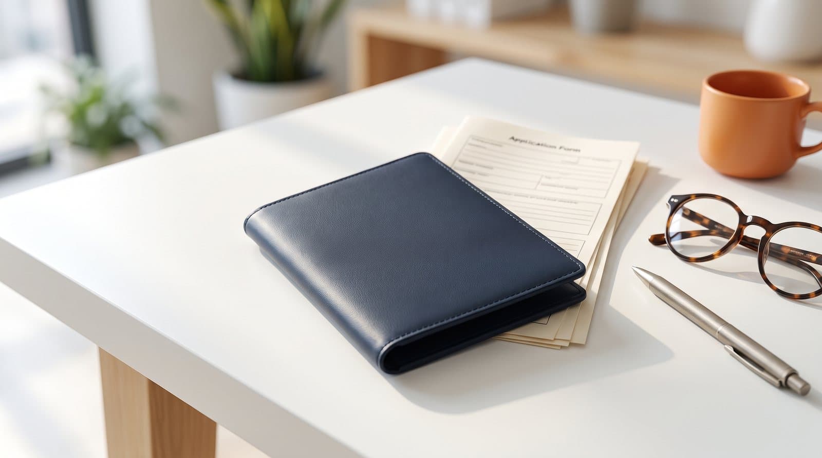A passport wallet, an application form, reading glasses and a pen on a desk